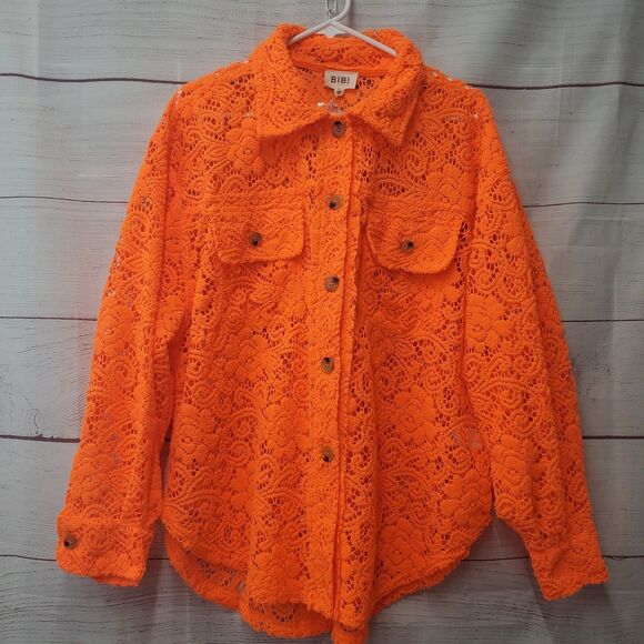 NEW BiBi Neon Orange Floral Lace Crochet Shacket Top Medium Long Sleeve Cut-out - Picture 1 of 13